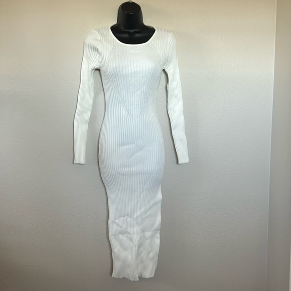 Princess Polly Nicky White Long Sleeve Ribbed Knit Side Slit Midi Sweater Dress - Picture 3 of 10